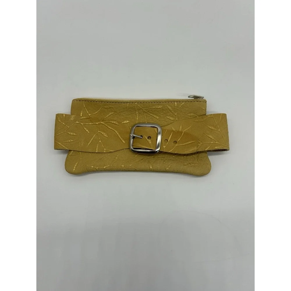 Mustard‎ yellow tooled leather bag pouch Wristlet
